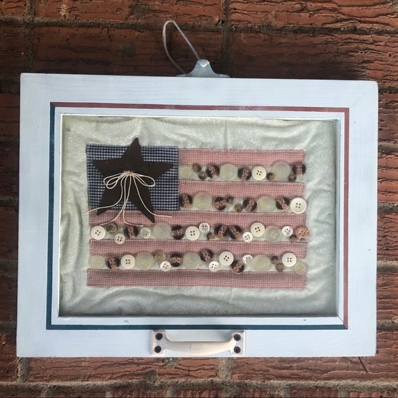 Other - American Flag Handmade Patchwork Quilt & Button Accents in Window Frame 15”L